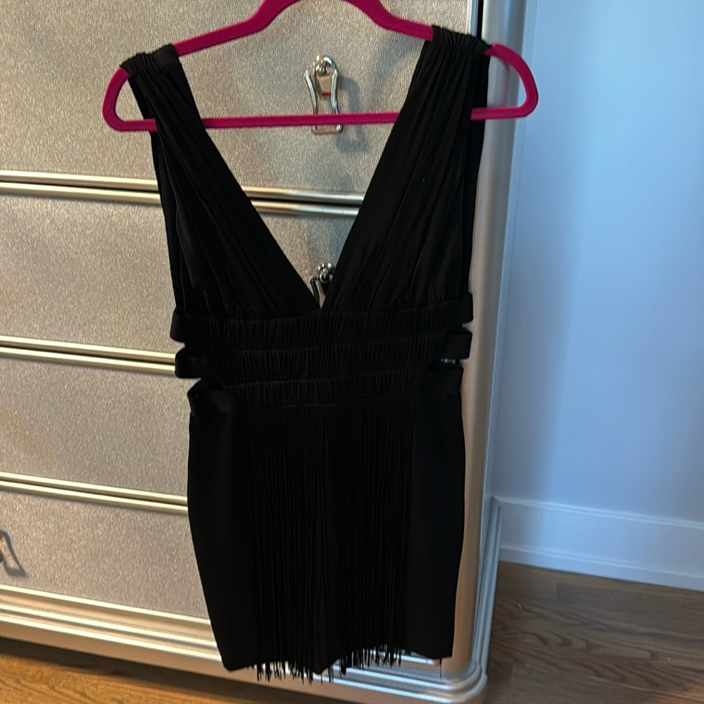 Bebe little black dress with fringe